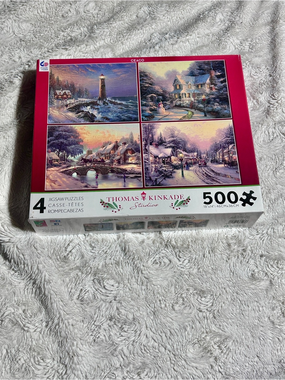 Thomas Kinkade Winter Village Puzzle Set - Red, White, Blue Accents